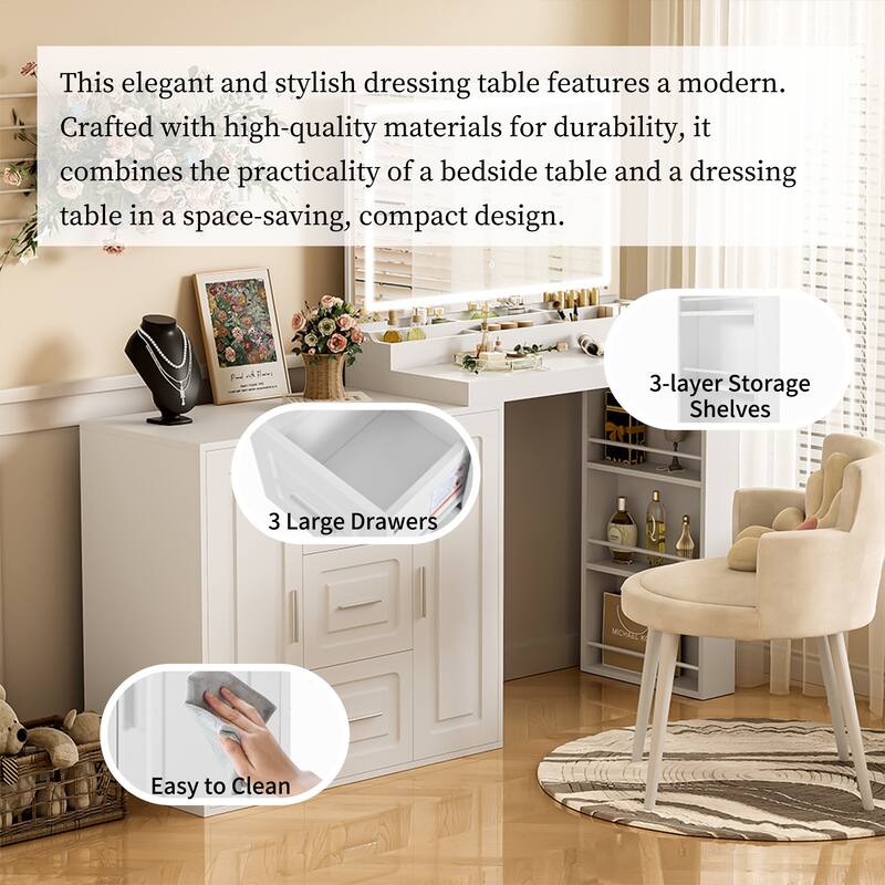 Modern Dressing Table w/ LED Mirror, Adjustable Brightness, 3 Drawers