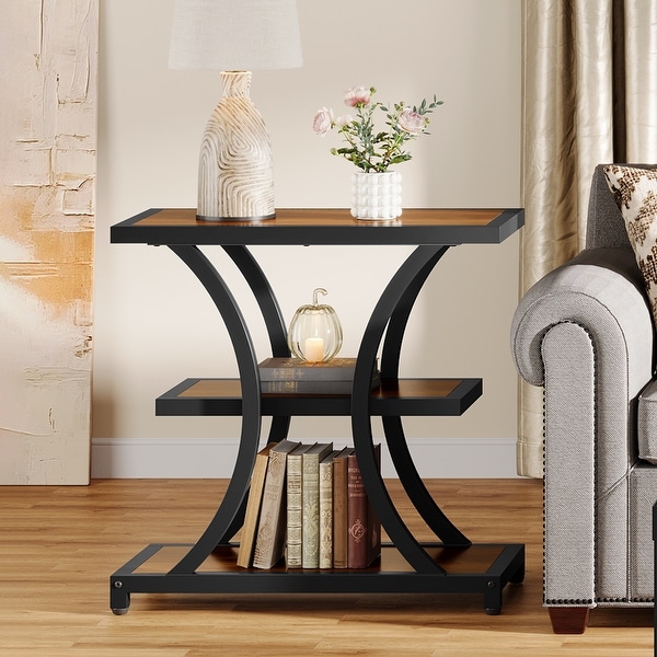 3-Tier Industrial Side Table with Geometric Metal Design - On Sale