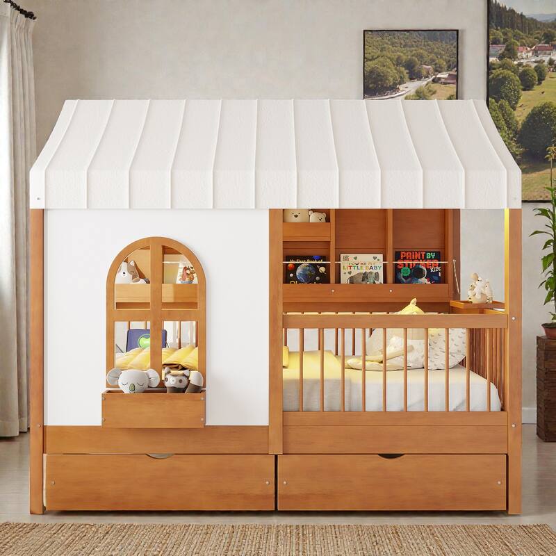 Full Size Kids House Bed with 2 Storage Drawers, Side Bookshelf with LED Strip, Guardrails and Charging Station - Walnut - Full