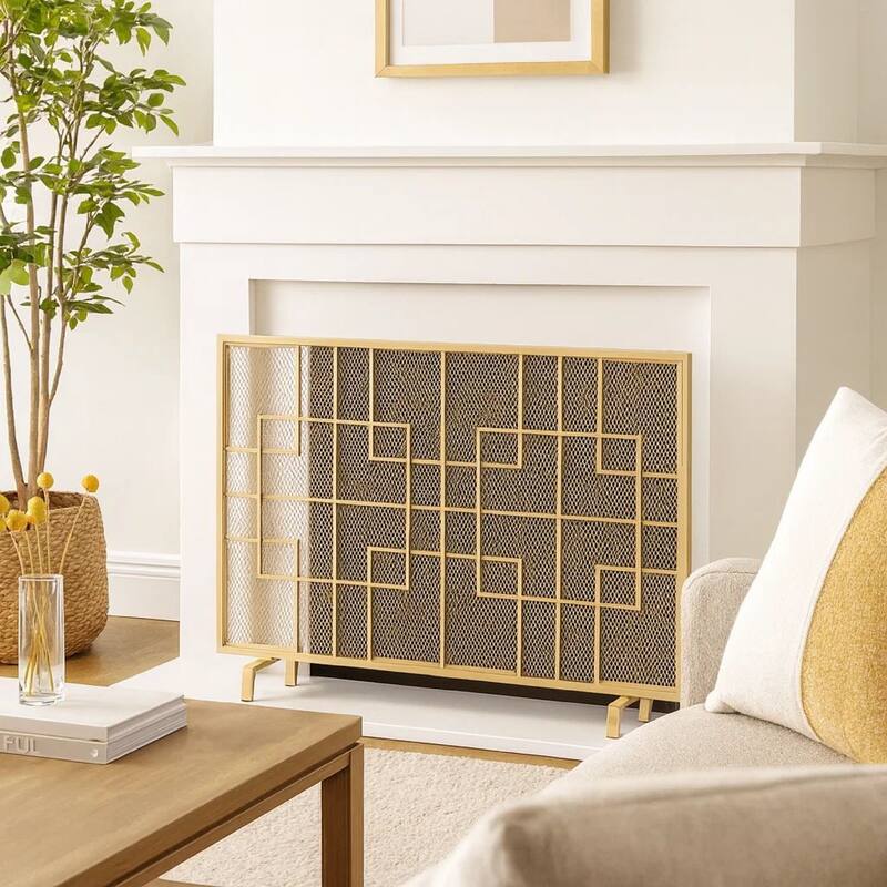 31x41 Fireplace Screen, Overlapping Square Design, Classic Gold Iron