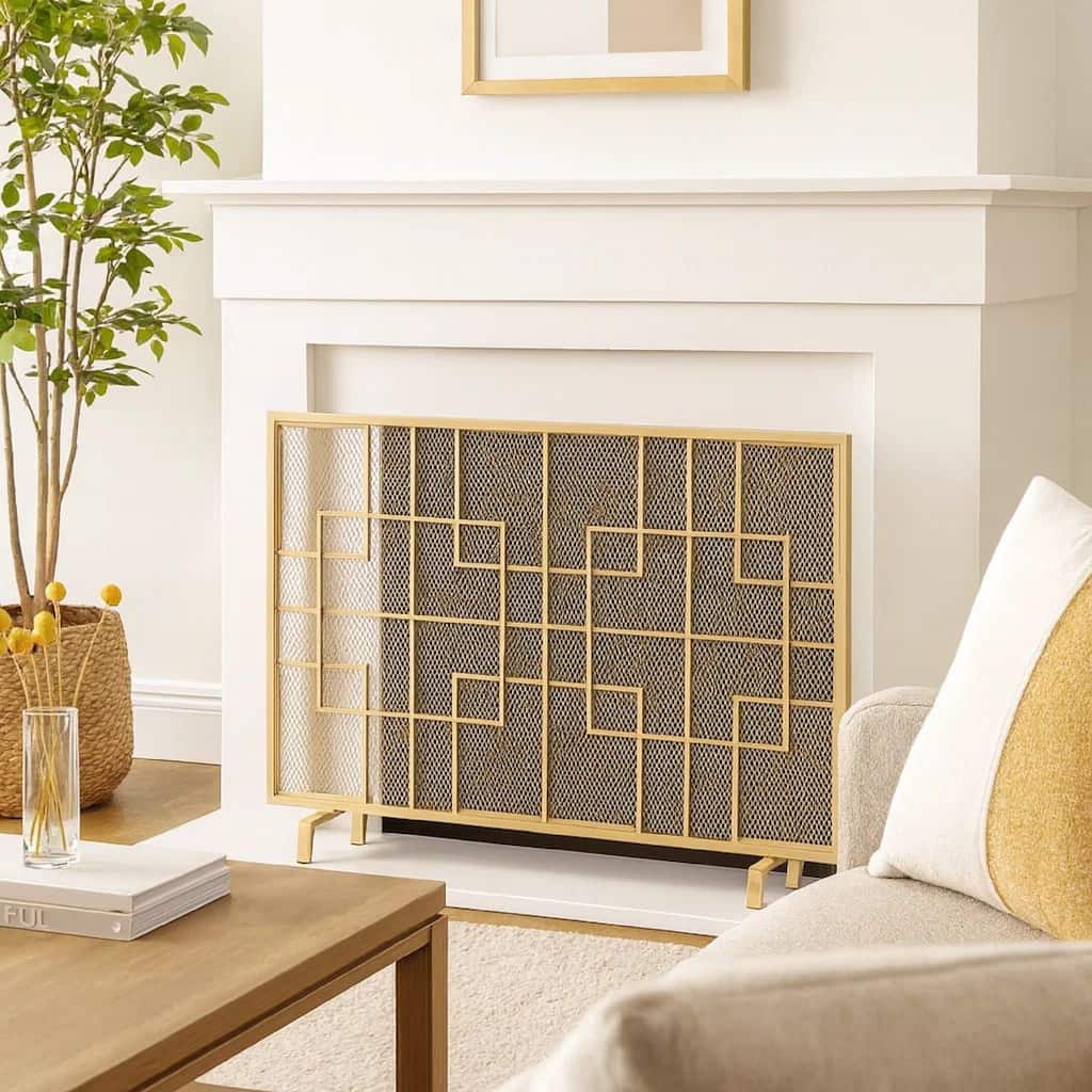 31x41 Fireplace Screen, Overlapping Square Design, Classic Gold Iron