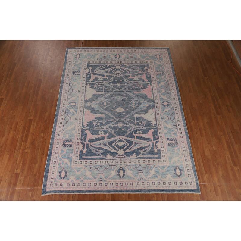 Hand Knotted Oriental 100% Wool Carpet Transitional All-Over Navy Blue & Blues Oushak Area Rug - 10' 10'' X 8' 0''