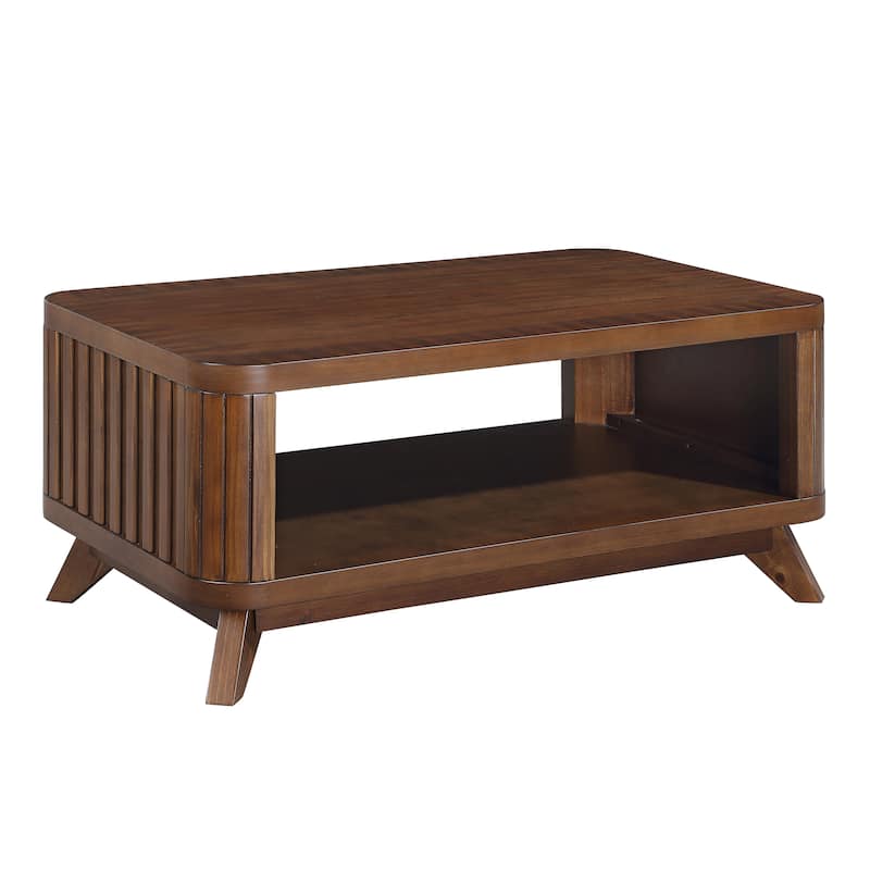 41.5" Rectangular Coffee Table, Solid Wood Fluted Coffee Table 2 Tier Storage Center Table Tea Table with Open Shelf