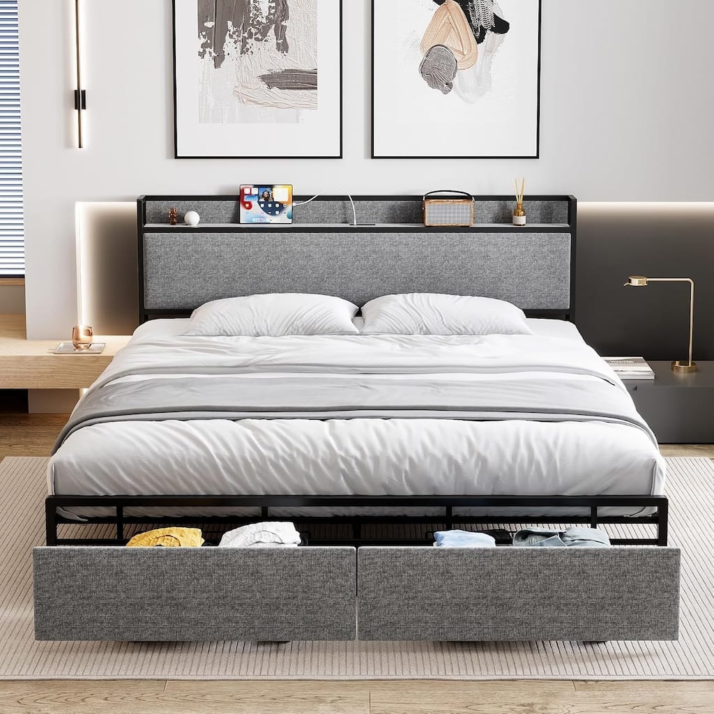King Size Upholstered Platform Bed Frame with Storage Headboard, 2 Drawers & Charging Station, Dark Gray, Noise-Free