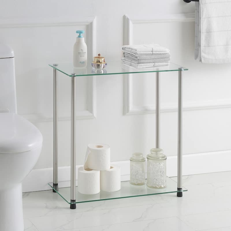 Glass 2 Tier Chairside End Table, Sleek Narrow Side Table with Clear Glass Shelves and Sturdy Stainless Steel Legs - 24