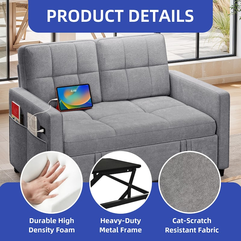 3-in-1 Multi-Functional Sleeper Sofa with Iron Frame Pull-Out Bed Loveseat and USB Port for Living Room or Small Space