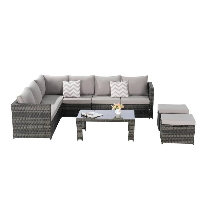 6-Piece Outdoor Patio Rattan Conversation Sectional Sofa Set with Tempered Glass Coffee Table