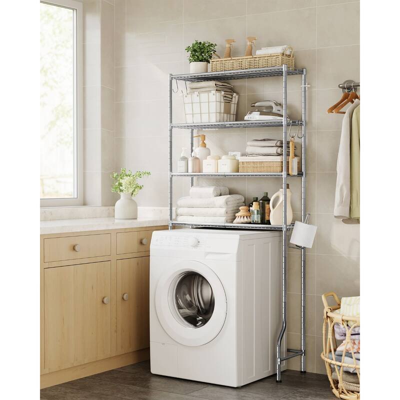 4-Tier Freestanding Metal Over-the-Toilet Storage Rack with 4 Adjustable Shelves and 4 Convenient Hoooks