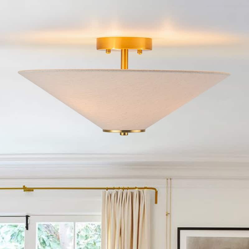 3-Light Mid-century Linen Cone Semi-flush Mount - N/A