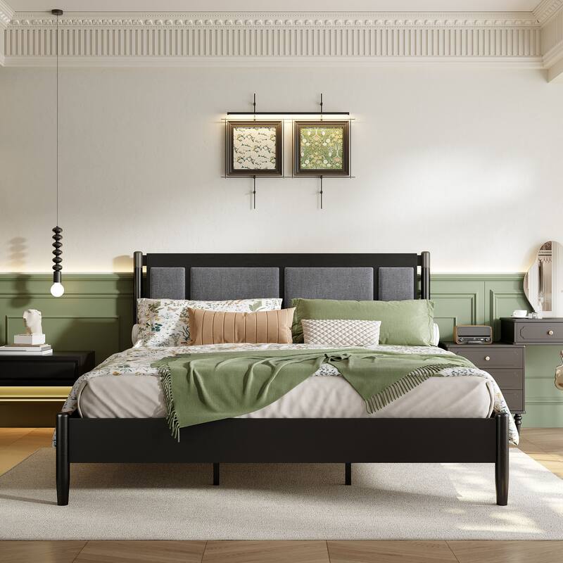 Modern Solid Wood Bed Frame Platform Bed with Central Textured Fabric Upholstered Headboard/Metal Handles/No Box Spring Needed - Black - King