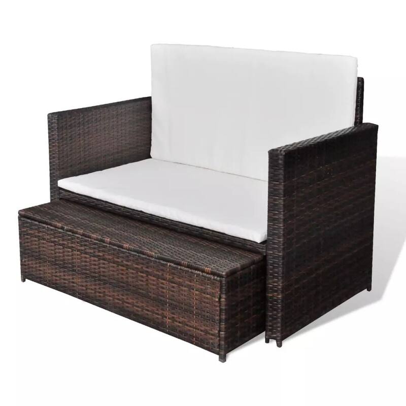 vidaXL 2 Seater Sofa Patio Deck Wicker Sleeper Sofa with Cushions PE Rattan