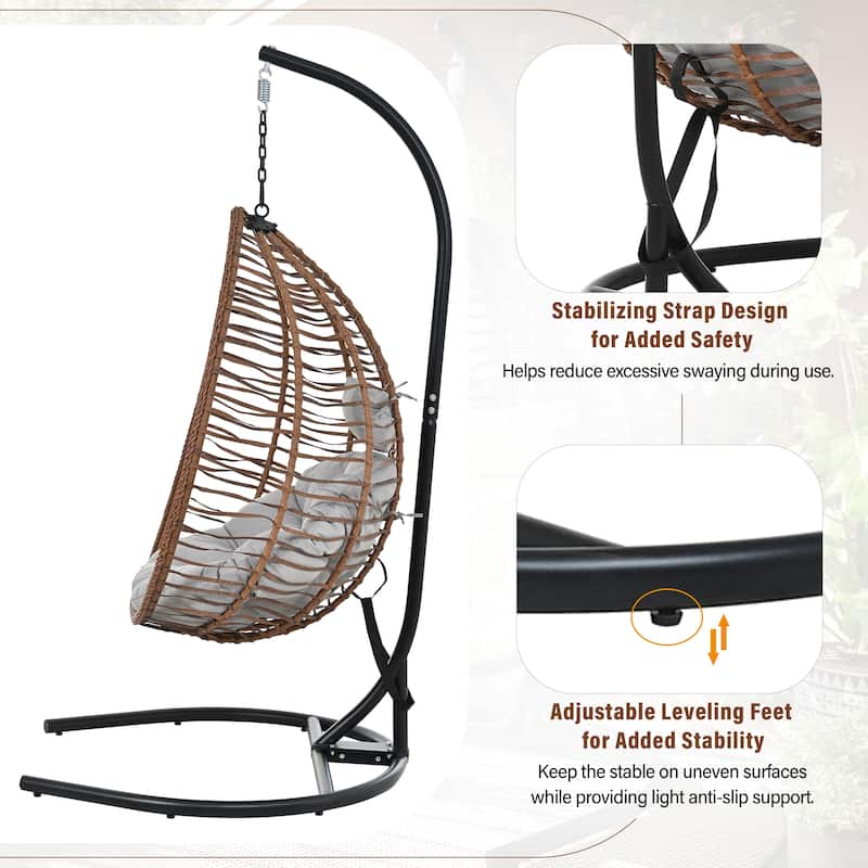 Hanging Hammock Chair with Stand, Foldable Rattan Egg Swing Chair with Iron Frame and Plush Cushion & Removable Headrest