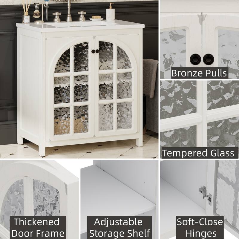 31" Farmhouse Bathroom Vanity with Ceramic Sink, Vintage Rustic Bathroom Cabinet with Bronze Pulls and 2 Soft-Closing Doors