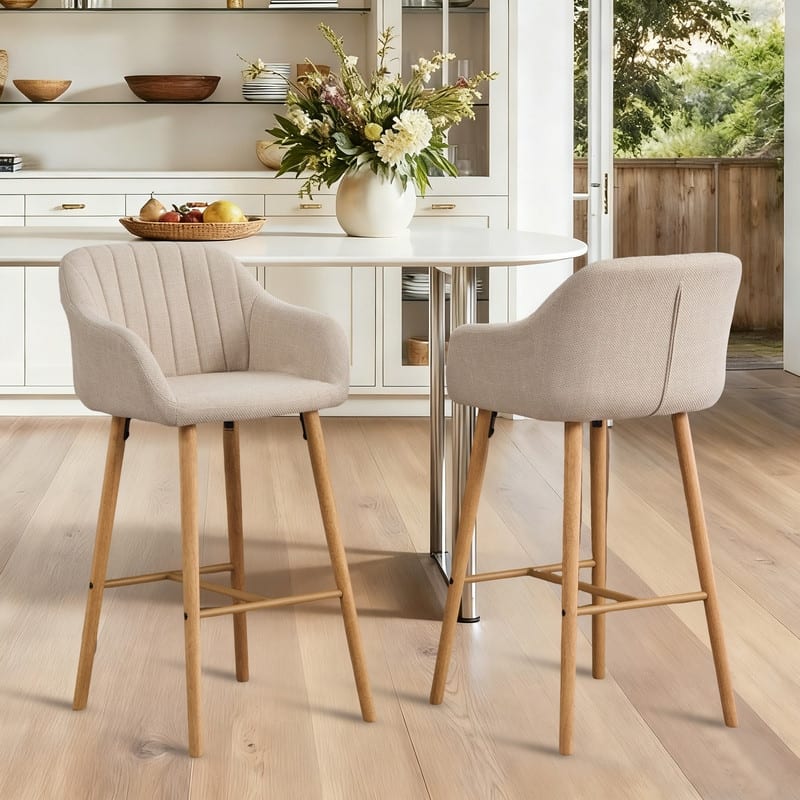 Linen Upholstered Ergonomically Designed Solid Wood Leg Tall Bar Stools(set of 2)