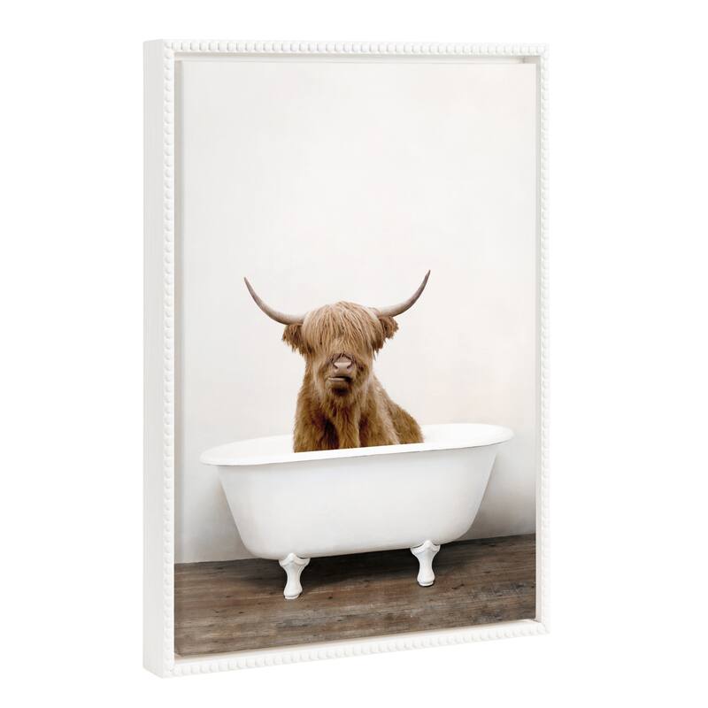 Sylvie Beaded Highland Cow Tub Color Framed Canvas by Amy Peterson