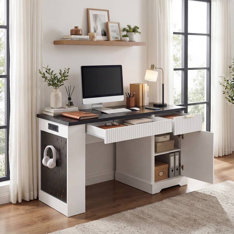 55" Modern Fluted Office Desk with Storage Cabinet & Drawers, Computer Writing Desk with Power Outlet, Pegboard