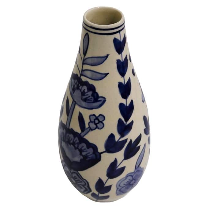 Home&Manor Ceramic Slim Vase White/Blue