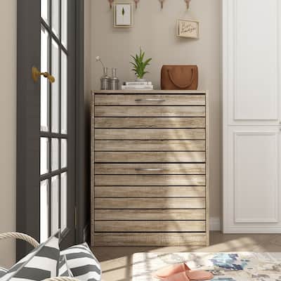 Timechee 8 Pair Shoe Storage Cabinet with 2 Drawers, Wood Louver Door