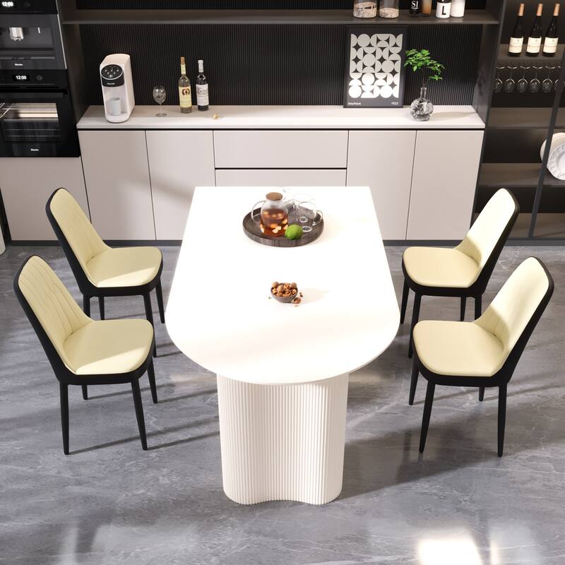 5-Piece Dining Cream MDF Table and 4 Ergonomic PU Chairs Set with for Dinners and Gatherings