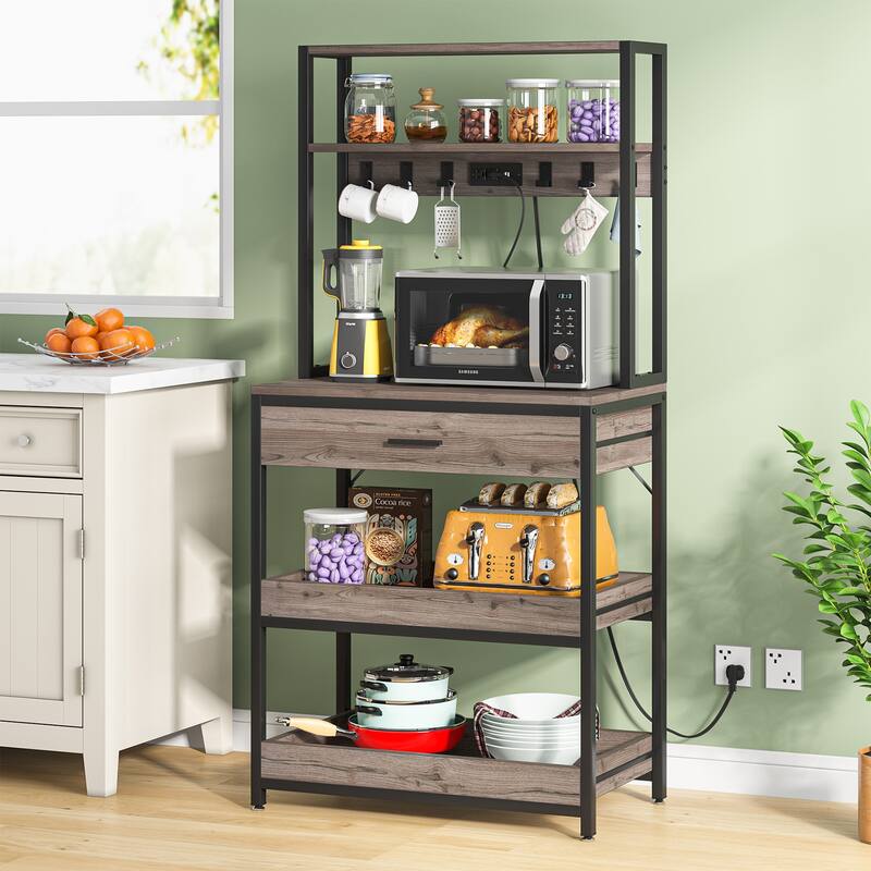 5-Tier Baker's Racks Rack with Power Outlets, Drawer and Sliding Shelves - Rustic Brown & Black
