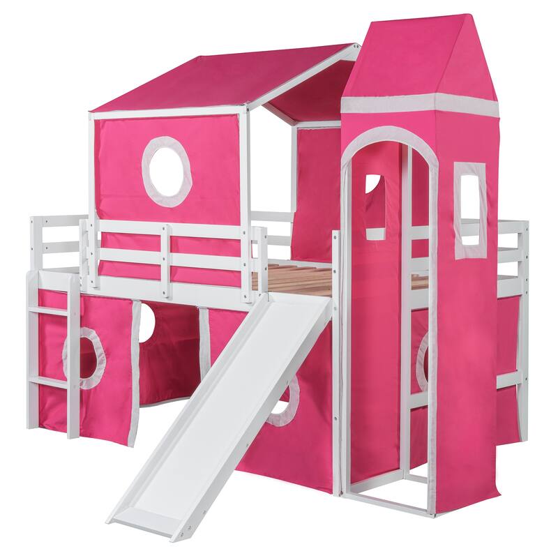 Roomfitters Full Size Loft Bed with Slide, Pink Tent and Decorative Tower, Playful Sleeping Platform, Pink