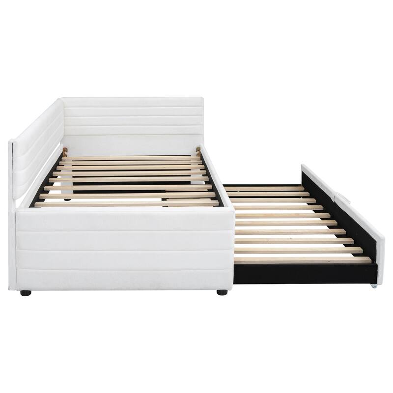 Twin Size Upholstered Daybed with Roll-Out Trundle, Space-Saving Wooden Frame, No Box Spring Needed