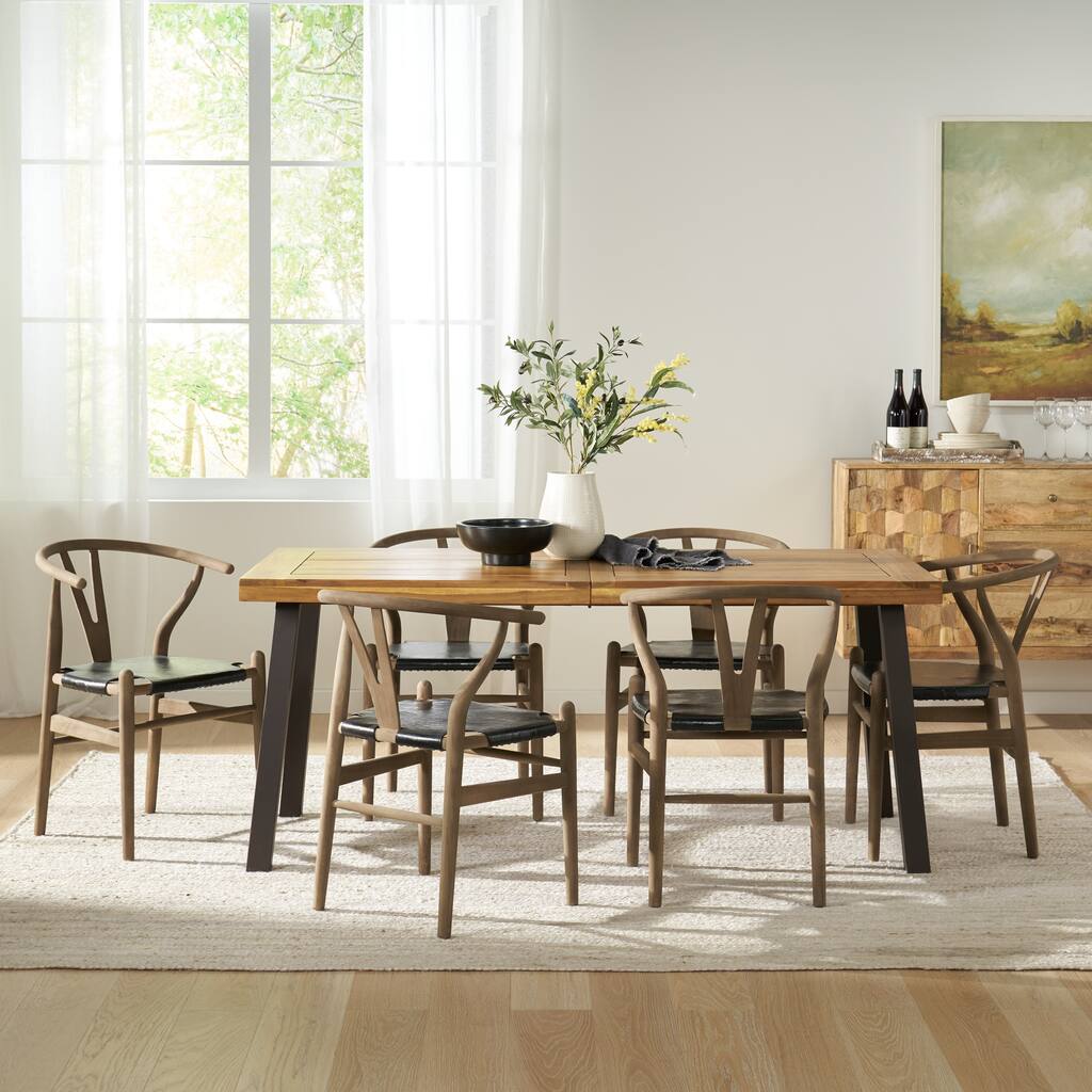 Baynes Acacia Wood and Faux Leather 7 Piece Dining Set by Christopher Knight Home