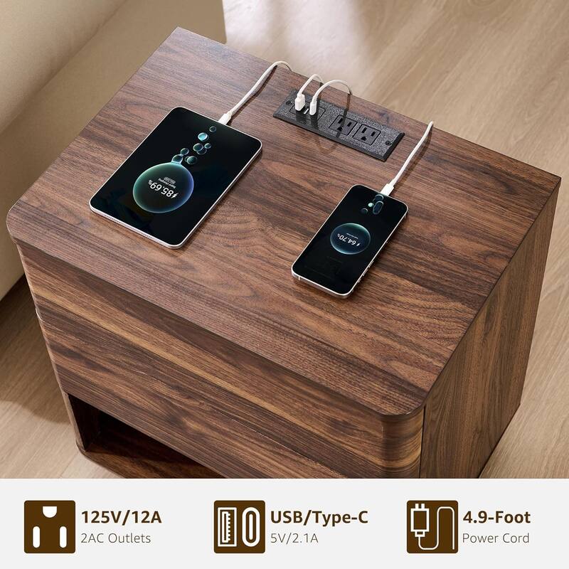 Modern Nightstand With Charging Station, Wooden Side Table, End Table