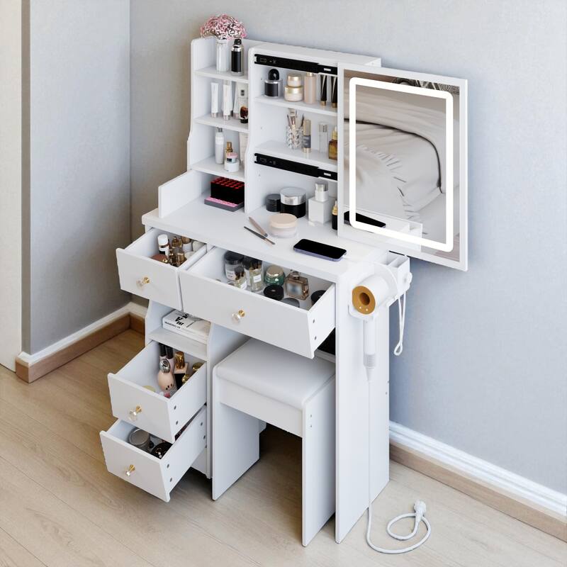 Small Vanity Desk with LED Sliding Mirror, Power Station, Hair Dryer Holder and Stool for Compact Spaces