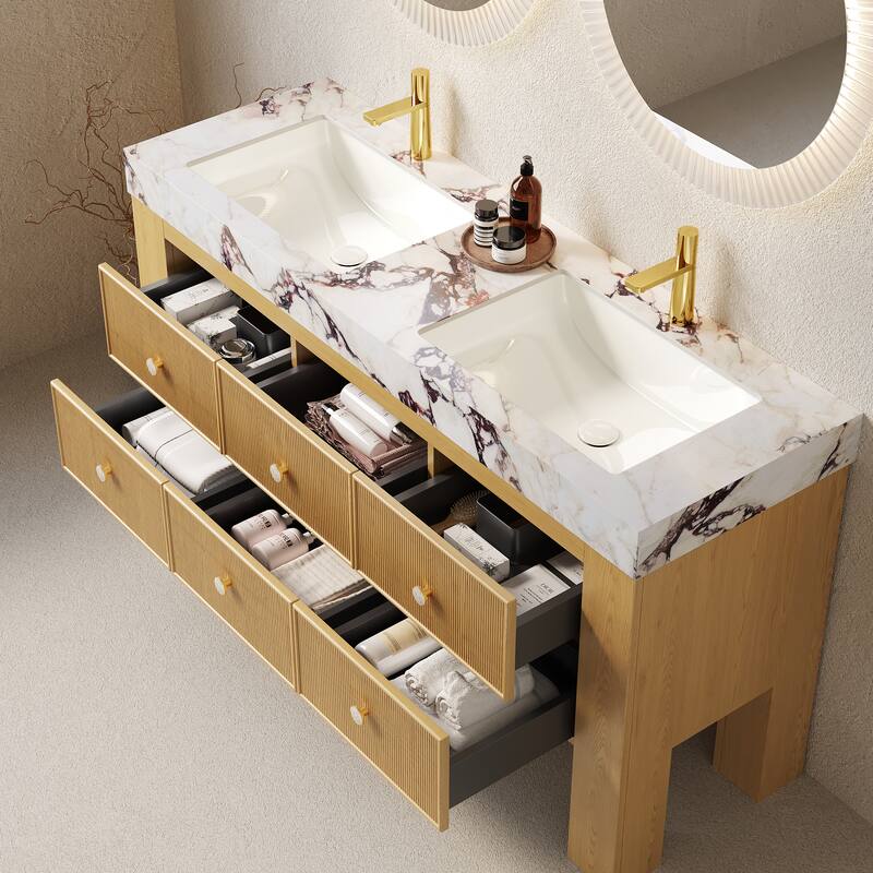 GDFStudio - Lonis Modern 60" Freestanding Bathroom Vanity with 6 Drawers & Dual Ceramic Basins