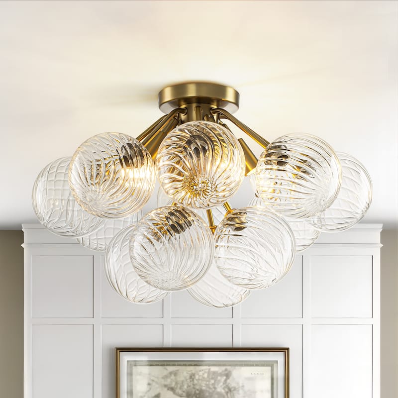 4-Light Modern Luxury Brushed Brass Iron & Textured Glass Globe Flush Mount Ceiling lighting for Living & Dining Areas