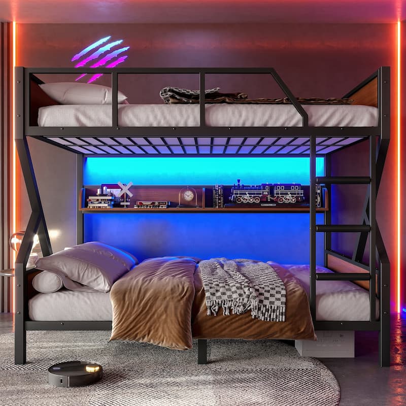 Full over Full Bunk Bed, Metal Bunk Bed with Storage Shelves and Lights, Space-saving & Noise-free Design, Black