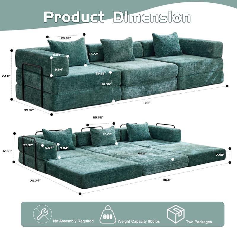 Free Combination Lazy Folding Sectional Sofa Chenille Modular Sleeper Sofa Bed Floor Standing Compression Mattress