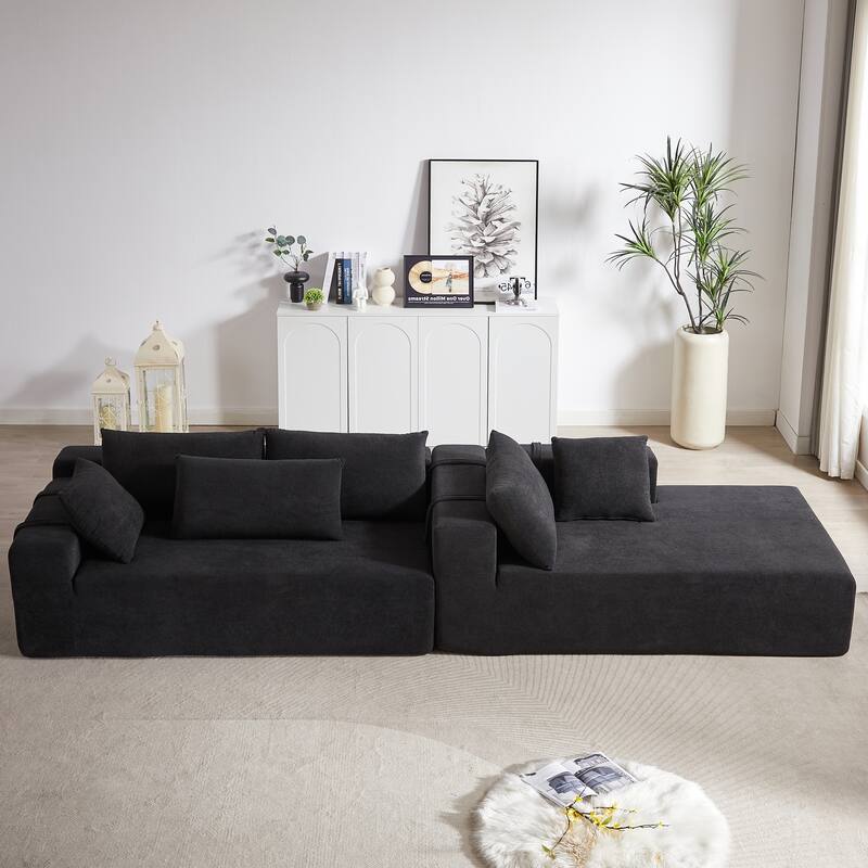 Chenille Upholstered Sectional Daybed Modular Sleeper Couch L Shape Sofa with Chaise Lounge & 6 Pillows for Living Room Loveseat