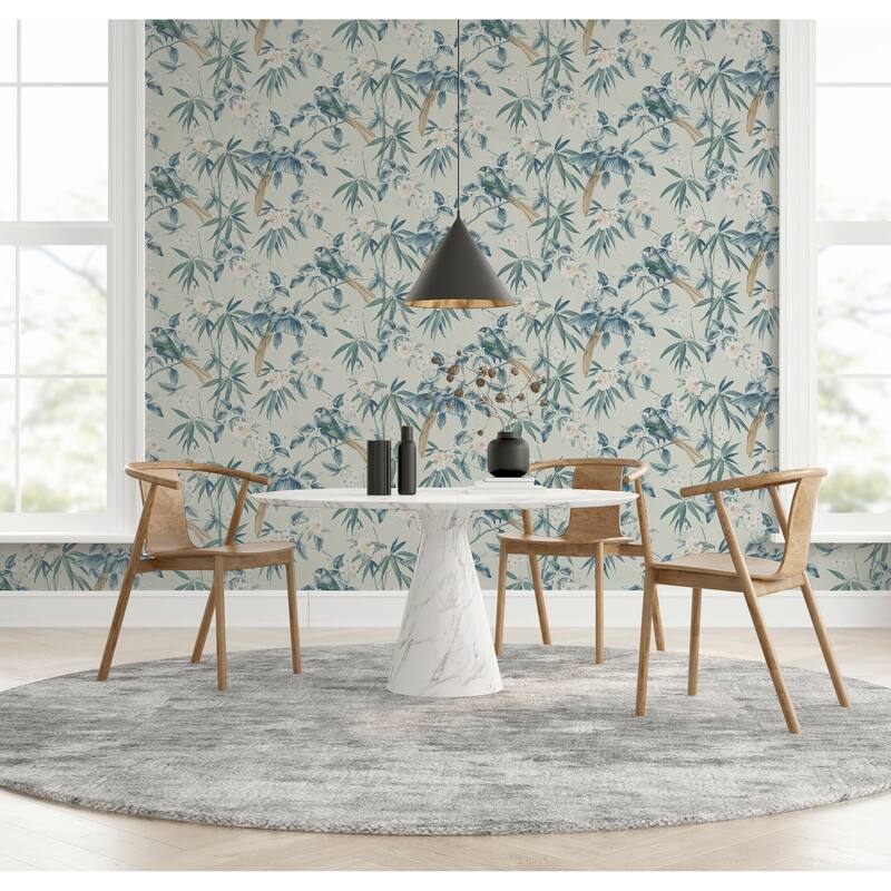 Oriental Floral Birds Grey/Blue Wallpaper