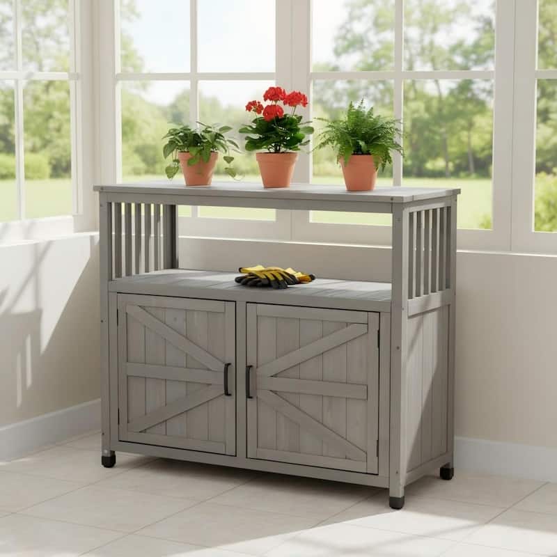 GDFStudio - Harbor Outdoor Solid Fir Wood Storage Bar Table with Slatted Design