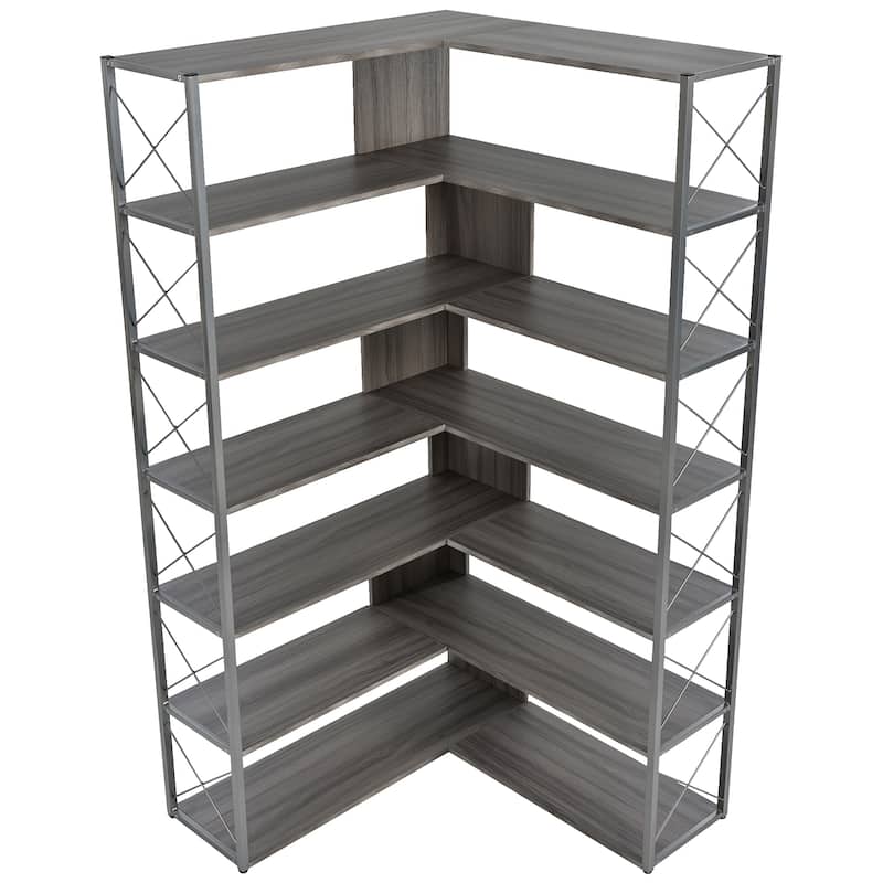 Industrial 7-Tier L-Shaped Corner Bookcase Home Office Bookshelf