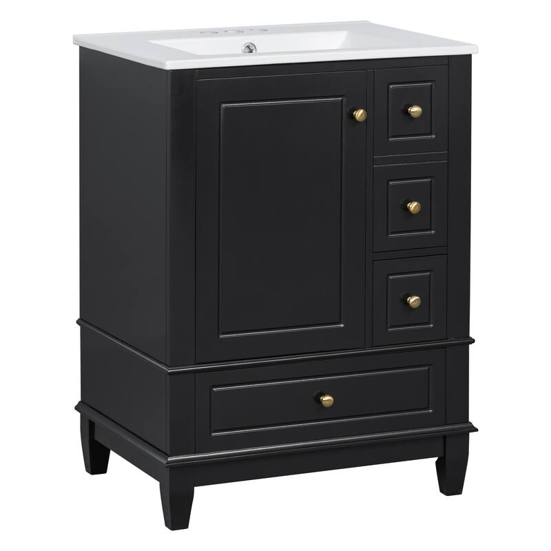 24" Bathroom with Sink and Drawers,Freestanding Cabinet with Ceramic Top and Shelves,MDF and Wood Base,Modern Sink Cabinet