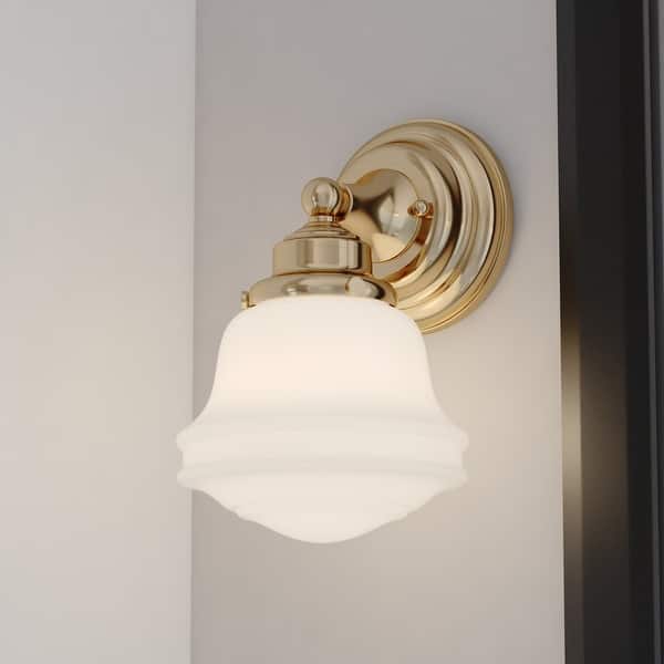 slide 2 of 13, Huntley Natural Brass Gold Bathroom Vanity Lighting Fixture, White Schoolhouse Milk Glass Globe Shade, Dimmable, LED Compatible 6.75-in W x 10.5-in H x 6.75-in D - Natural Brass