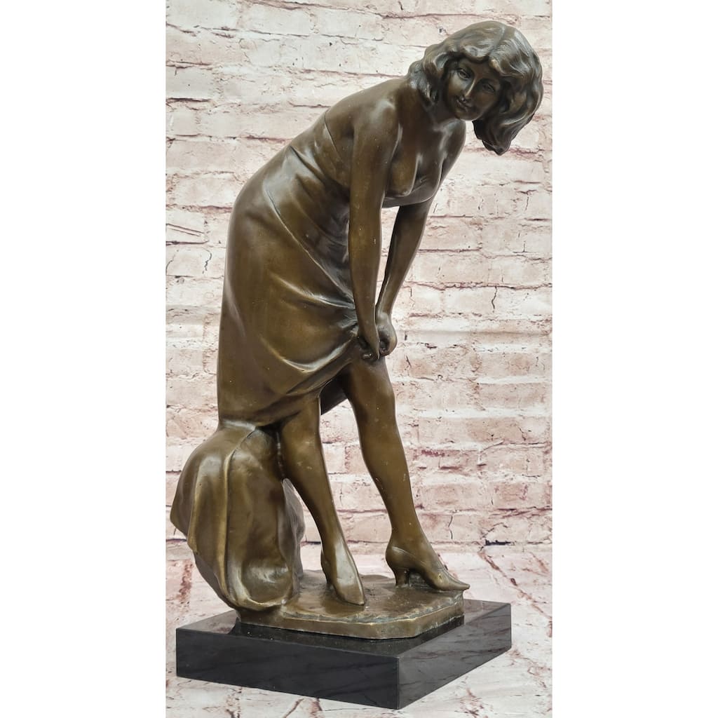 Elegant Bronze Sculpture Of Woman Adjusting Dress – Graceful Figurine On Marble Base