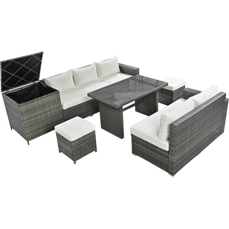 6-Piece All-Weather PE Rattan Patio Set – Adjustable Seating, Storage Box, Removable Covers & Tempered Glass Table Top‌