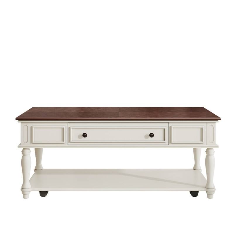 Farmhouse 47.2" Coffee Table with Drawer, Retro Design Easy Assembly and Movable Lockable Wheels for Living Room