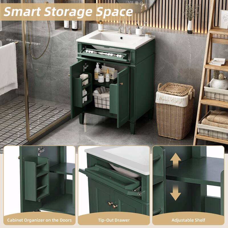 24" Bathroom Vanity with 2 Doors and Tip-Out Drawer - Bathroom Storage Cabinet with Sink