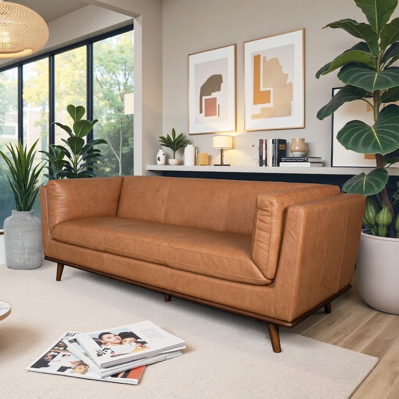 Madison Mid-Century Modern Top Grain Leather Sofa with Walnut-Finished Base