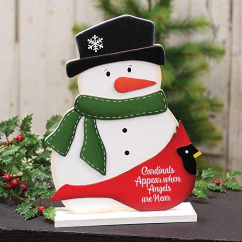 Cardinals Appear Wooden Snowman on Base Winter Decoration - 7” x 2.25” x 10.50”