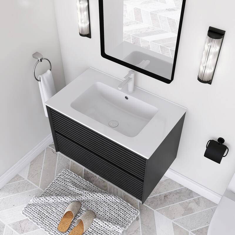 Wall-Mounted Bathroom Vanity with White Ceramic Sink