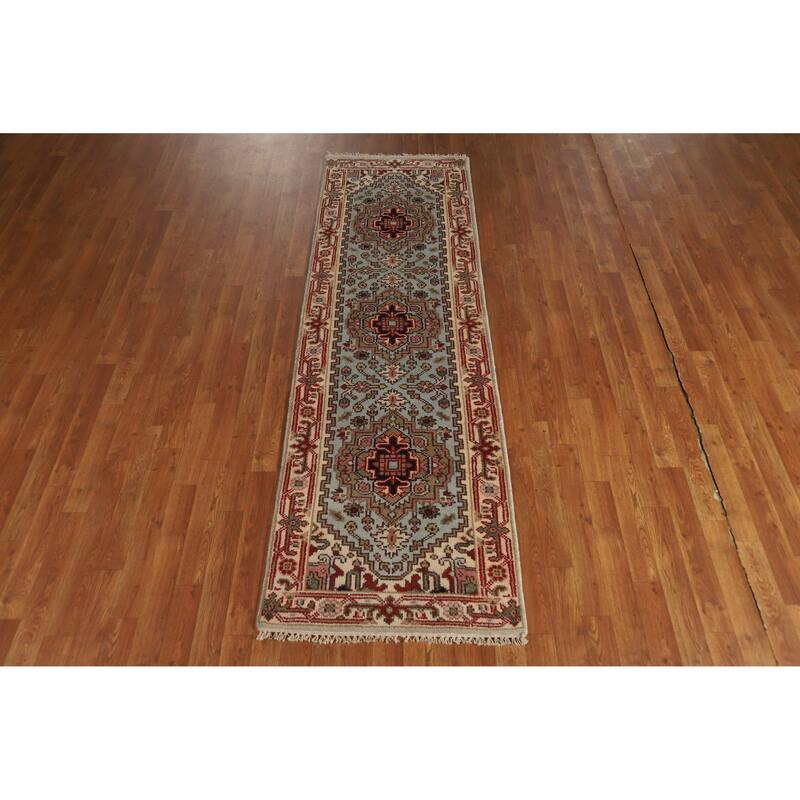 Hand Knotted Oriental 100% Wool Carpet Traditional Geometric Navy Blue & Blues Heriz (serapi) Runner Rug - 8' 1'' X 2' 5''