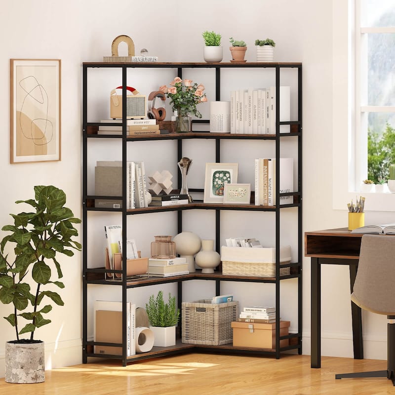 Costway Corner Bookshelf 5-Tier L-Shaped Bookcase 71" Tall Etagere - See Details