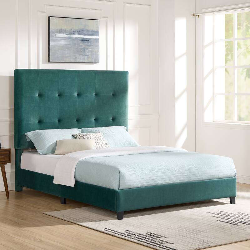 Modern Queen Size Velvet Tufted Upholstered Platform Bed for Master Bedrooms, Guest Rooms, Box Spring Required