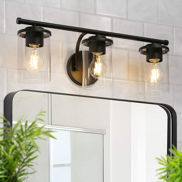 slide 2 of 13, Modern Farmhouse 3-Light Black Bathroom Vanity Light Cylinder Glass Wall Sconce - W 21.6" x L 7.8" x H 6.7"